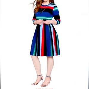 Eloquii Women’s Striped Fit and Flare Midi Dress Black Green Blue Red Size 16